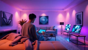 Engaging in NSFW AI chat in a futuristic living room with warm lighting.