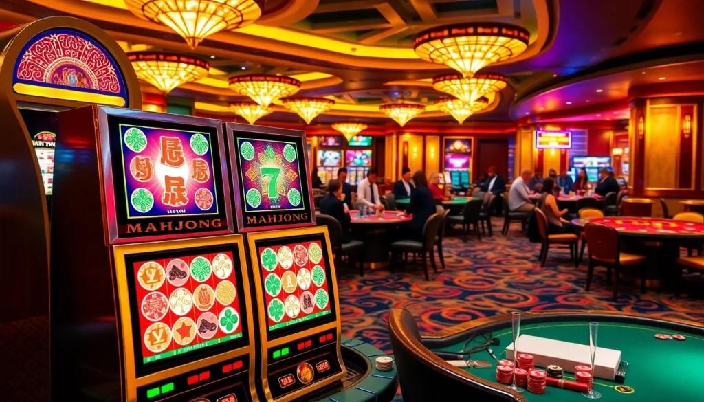 Engage with the mahjong slot demo while enjoying the thrill of casino gaming, surrounded by vibrant tables and players.