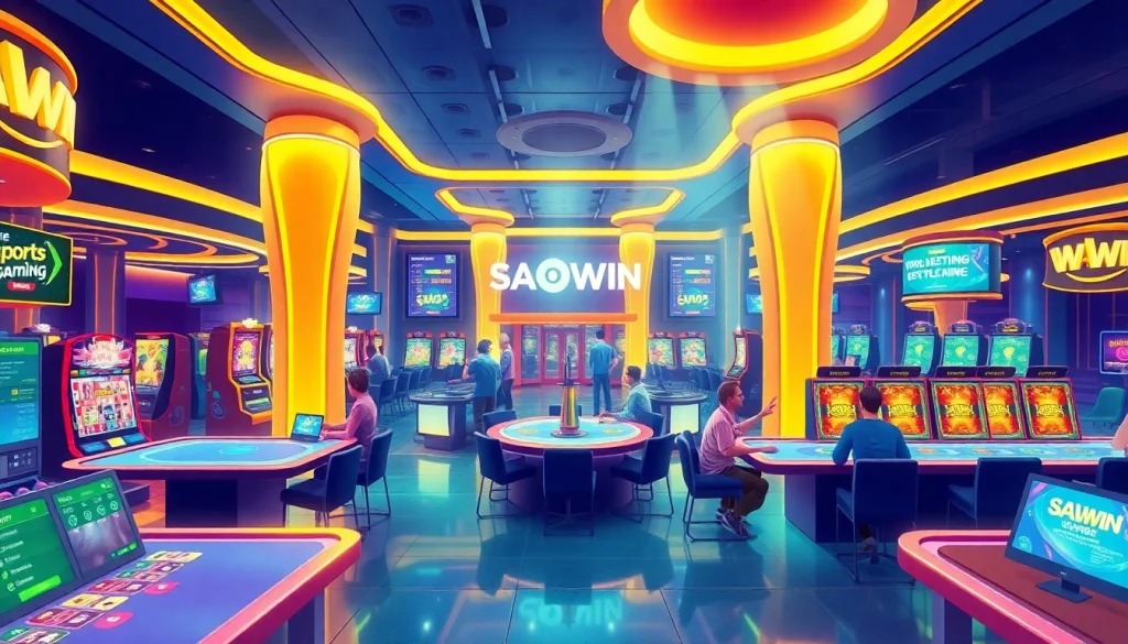 Minh họa sống động về nền tảng chơi game trực tuyến của SAOWIN với các trò chơi đa dạng và đội ngũ hỗ trợ thân thiện.