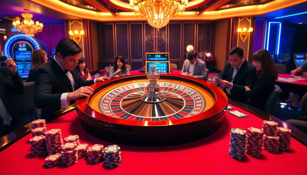 Engaging scene of players at a 98WIN casino table, highlighting luxury poker chips and a roulette wheel.