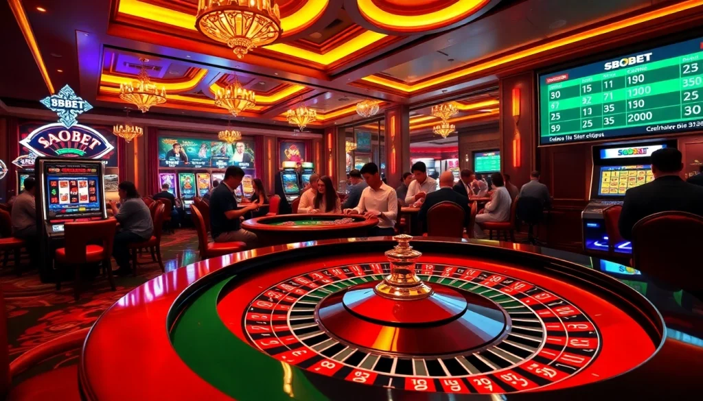 Experience thrilling betting at SBOBET with roulette and slot machines in a vibrant casino atmosphere.