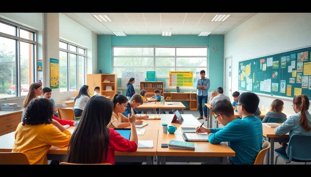 Dynamic classroom scene emphasizing education with diverse students engaged in learning activities.