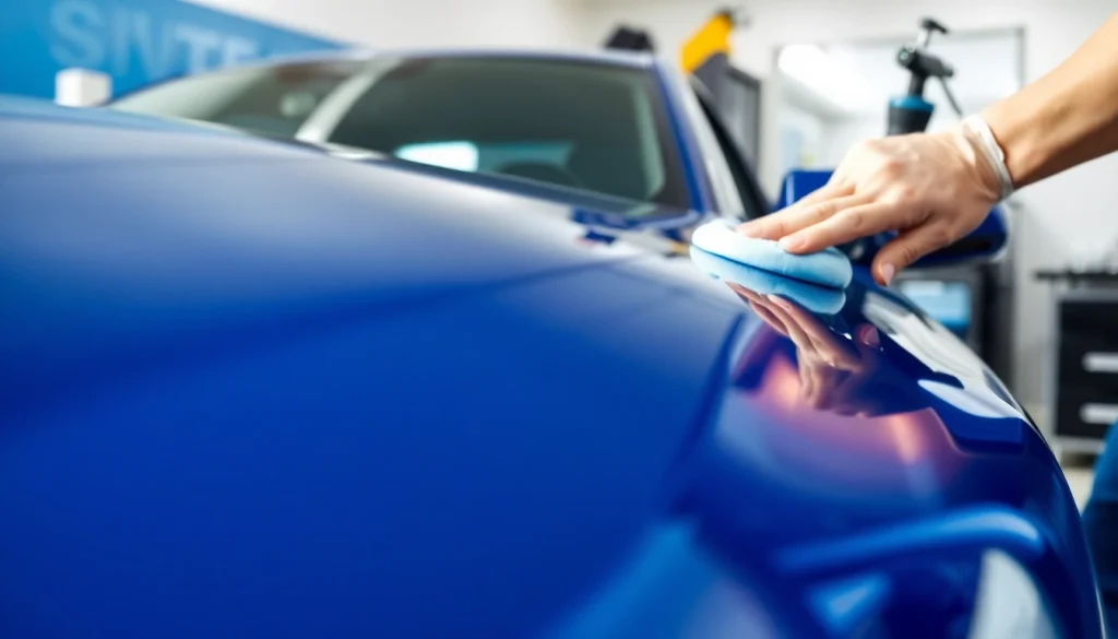 Car detailing gift certificate displayed over a polished car being cleaned with tools.