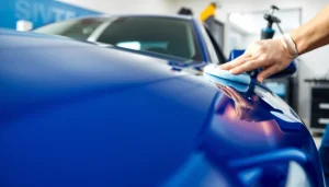 Car detailing gift certificate displayed over a polished car being cleaned with tools.