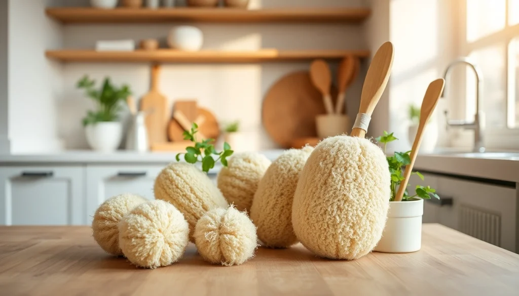 Enhance your cleaning routine with our kitchen loofah, showcasing its eco-friendly texture in a modern kitchen.