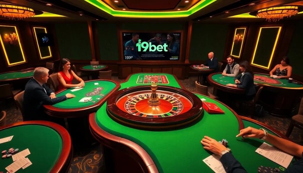 Engaging i9bet casino scene with poker games, roulette, and vibrant gambling elements.