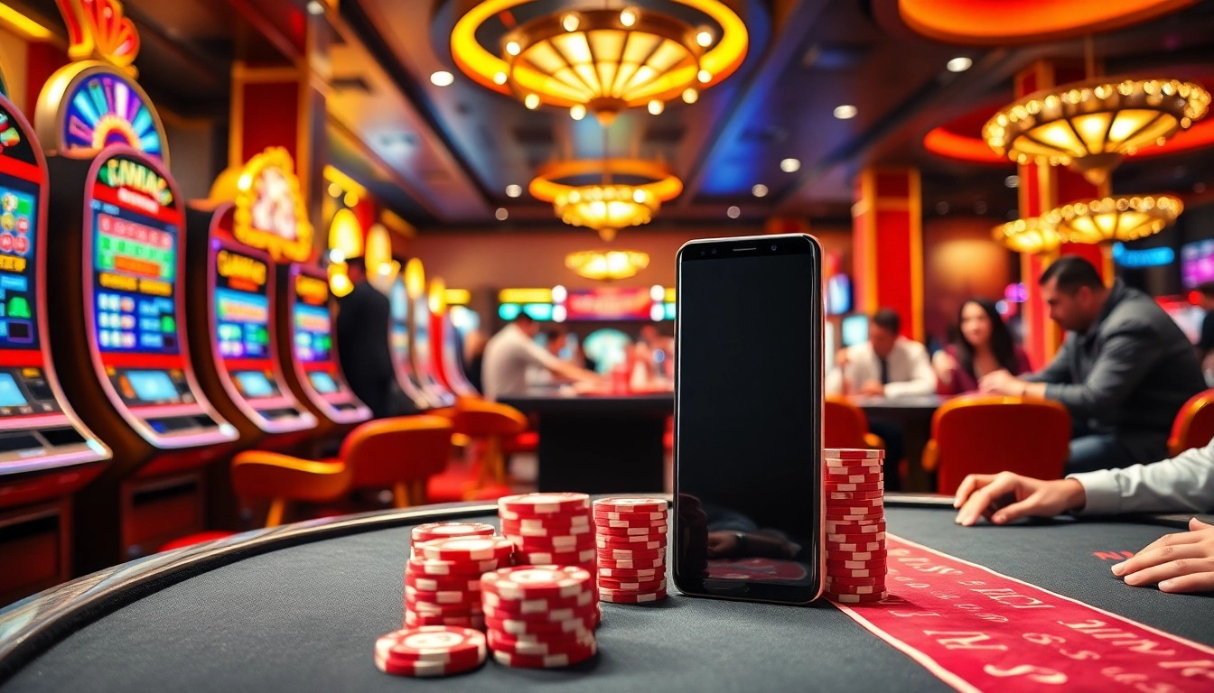 Players enjoying lively casino games with S8 poker chips and slot machines creating excitement.