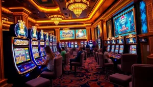 Engaged players enjoying the Olympus slot game in a luxurious casino setting, showcasing vibrant decor and thrilling gameplay.