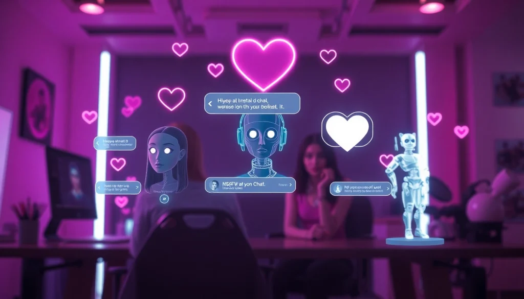 Interactive NSFW AI chat interface showcasing futuristic chatbot options in a vibrant purple and pink setting.