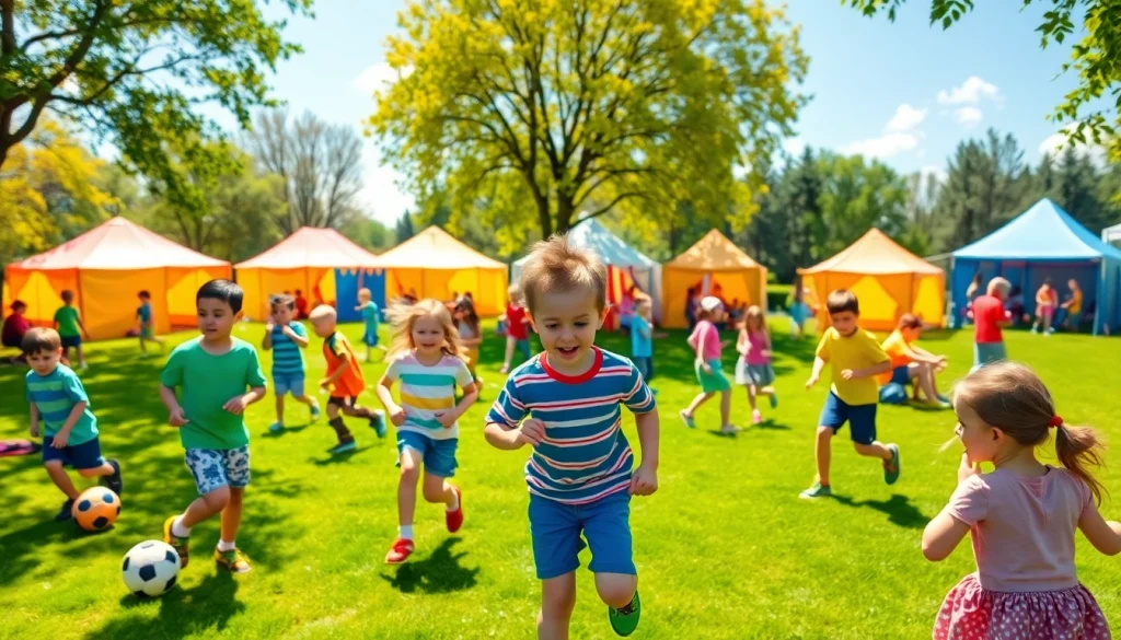 Children having fun at holiday camps with games and crafts in a bright setting.