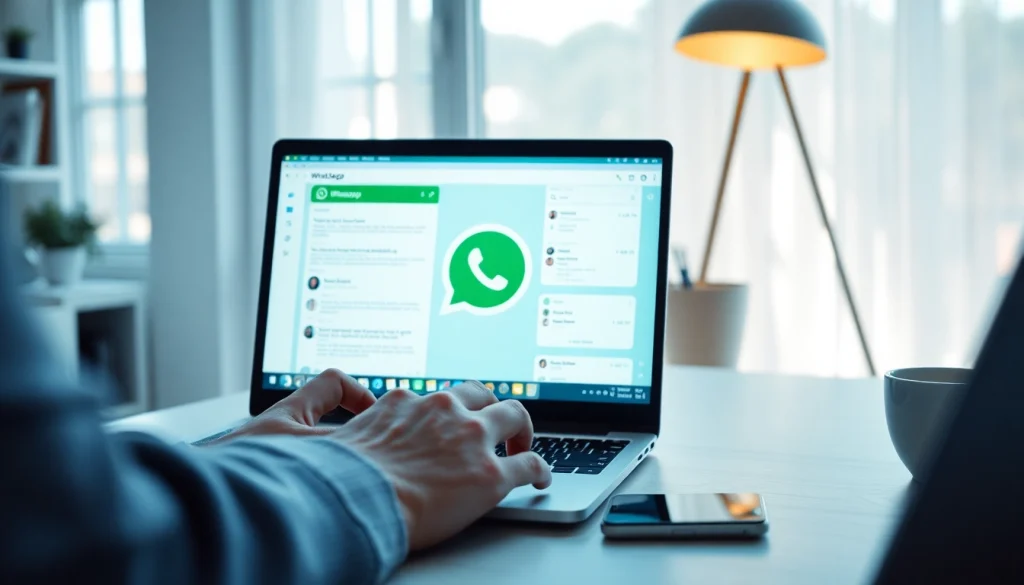 在舒适的办公室环境中，活跃用户在笔记本电脑上使用 WhatsApp Web。