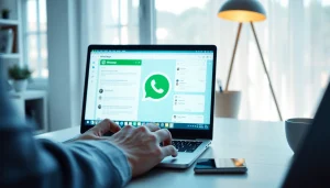 在舒适的办公室环境中，活跃用户在笔记本电脑上使用 WhatsApp Web。