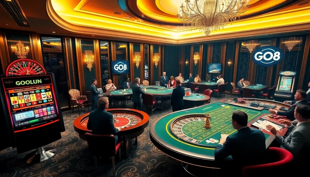 Exciting gaming scene at GO8 casino with roulette, slots, and poker tables.