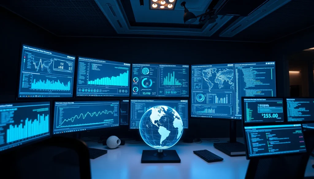 Advanced cybersecurity AI workspace with data analytics screens and digital elements.