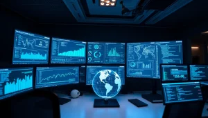 Advanced cybersecurity AI workspace with data analytics screens and digital elements.