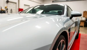 Applying PPF Chattanooga on a vehicle showcasing clear protection film in a professional setting.