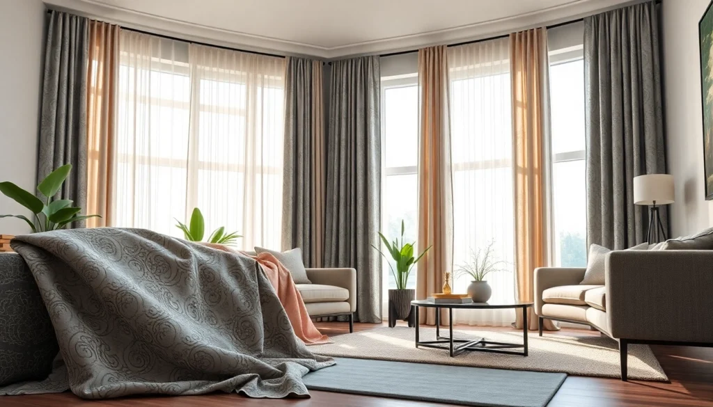 Verduisterende gordijnen in een sfeervolle woonkamer met verschillende stofstalen.