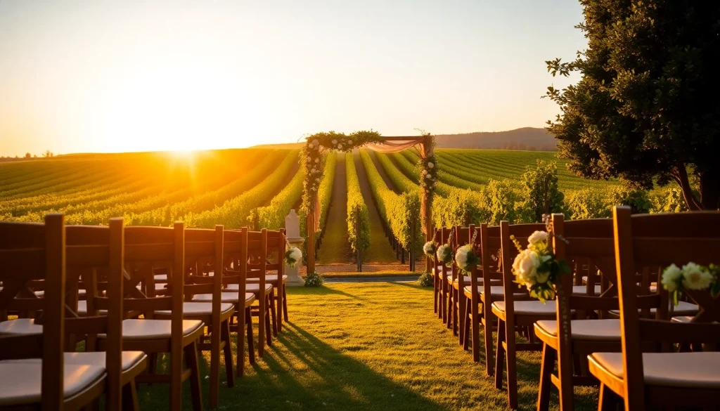 Beautiful vineyard setting for Clarksburg Wedding Venues with sunset lighting and floral decor.