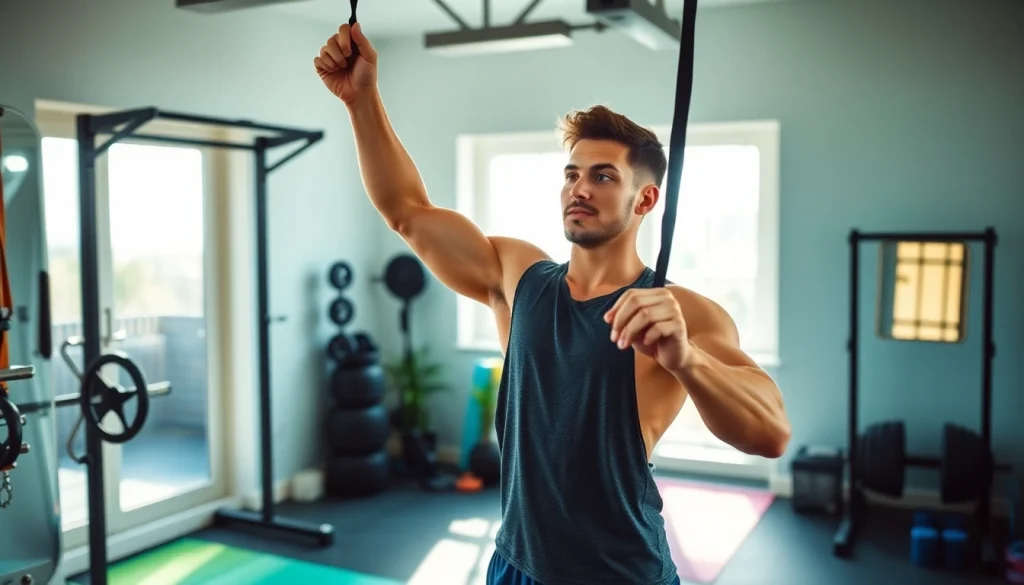Fit individual using stretch bands for pull-ups in a home gym.
