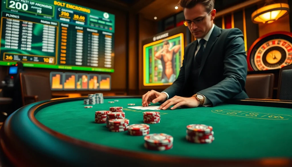 Experience the thrill of idnslot gaming with an opulent poker table and vibrant casino atmosphere.