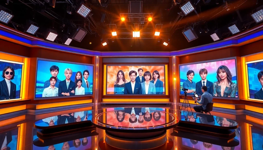 BTS news report showcasing a modern newsroom with vibrant graphics of BTS members.
