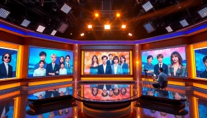 BTS news report showcasing a modern newsroom with vibrant graphics of BTS members.