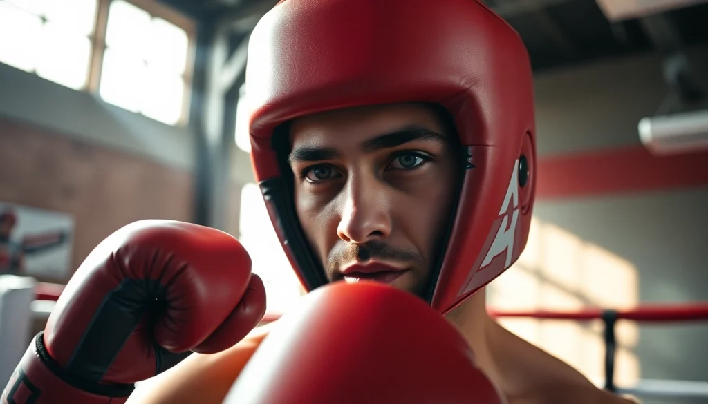 Boxer trainiert mit hochwertigem headgear boxing in der Trainingsumgebung.
