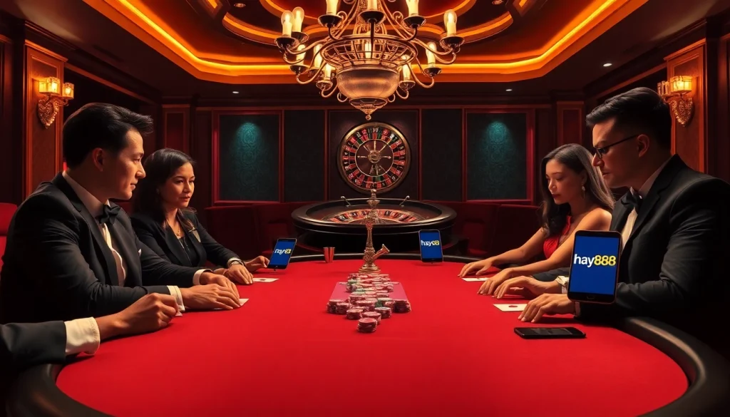Exciting poker action at hay888 with vibrant chips and a roulette wheel in the background.