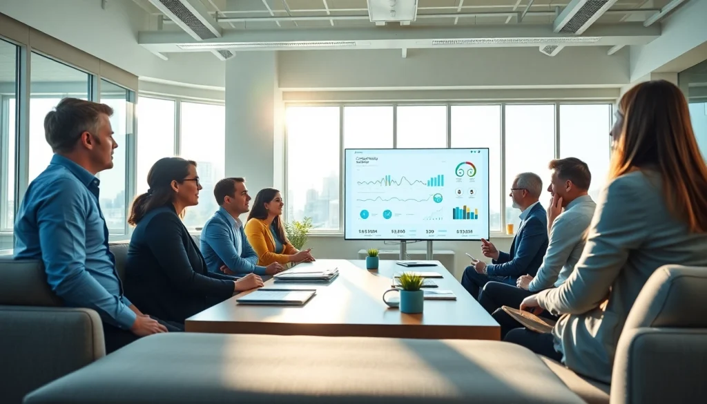 Analyze b2b competitive intelligence strategies with professionals debating market insights in a modern office.