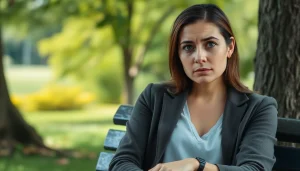 Illustration of anxiety symptoms highlighted through a woman's contemplative expression in a serene park.
