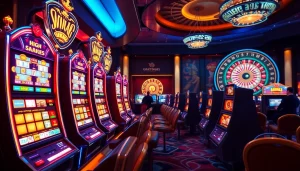 Players experiencing excitement at gtatogel's modern slot machines, celebrating wins and jackpots.