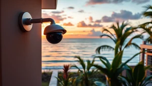 Cámaras de seguridad en Liberia instaladas en una casa costera en Costa Rica, mostrando tecnología avanzada con un atardecer de fondo.