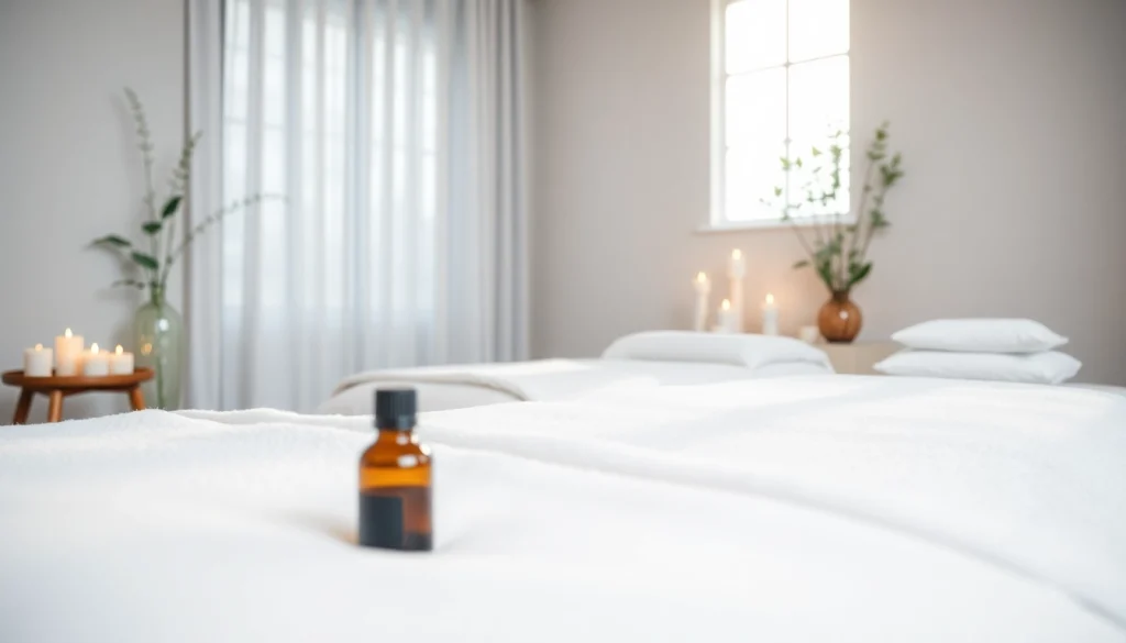 부드러운 조명과 soothing decor가 있는 편안한 스웨디시 마사지 환경.