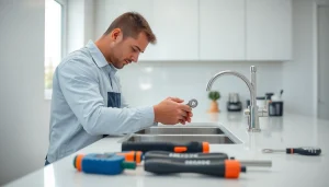 Plumber repairing a kitchen sink with tools organized around him, showcasing expertise and professionalism.
