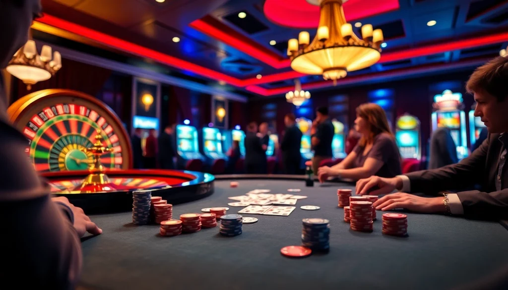 Une scène palpitante de jeu de poker représentant le meilleur casino en ligne France avec des jetons lumineux et des joueurs énergétiques.