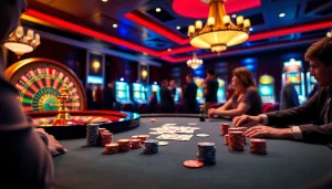 Une scène palpitante de jeu de poker représentant le meilleur casino en ligne France avec des jetons lumineux et des joueurs énergétiques.