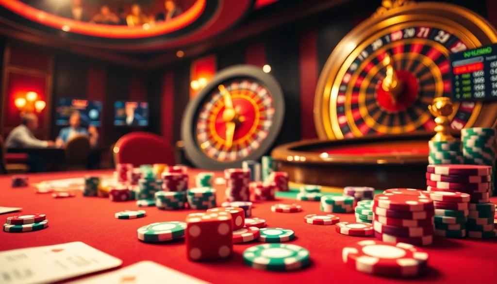 Découvrez l'excitation du meilleur casino en ligne France avec des jetons de poker vibrants et une roue de roulette.