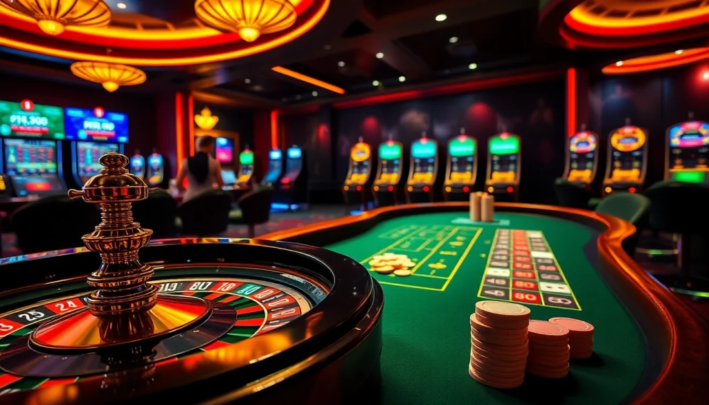 Vivez l'excitation du meilleur casino en ligne France avec une scène de casino dynamique comprenant la roulette, le poker et les machines à sous.
