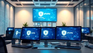 在专业办公环境中，现代设备上显示的快连VPN界面，象征在线安全。