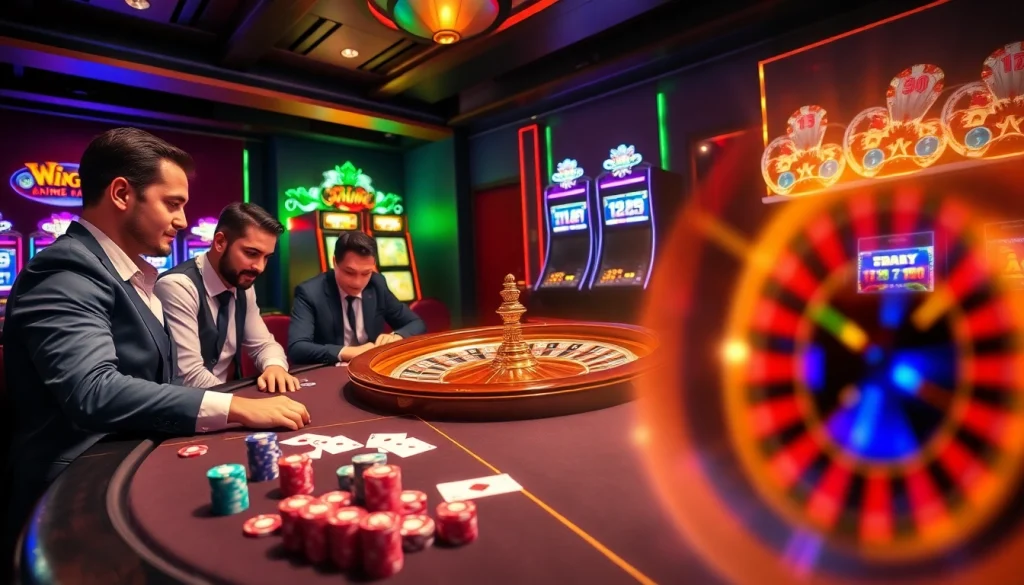 Découvrez le luxe et l'excitation dans cette scène vibrante de casino en ligne français avec poker et roulette.