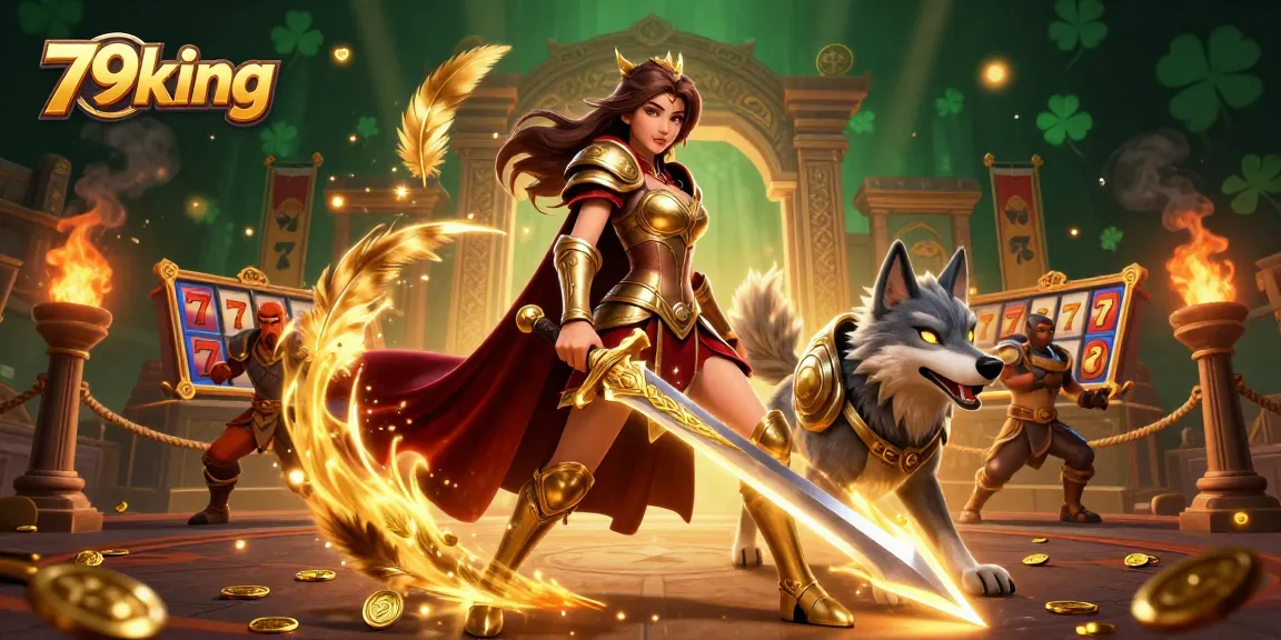 Engage in thrilling gameplay at 79king with a warrior queen and wolf companion amidst exciting slot elements.