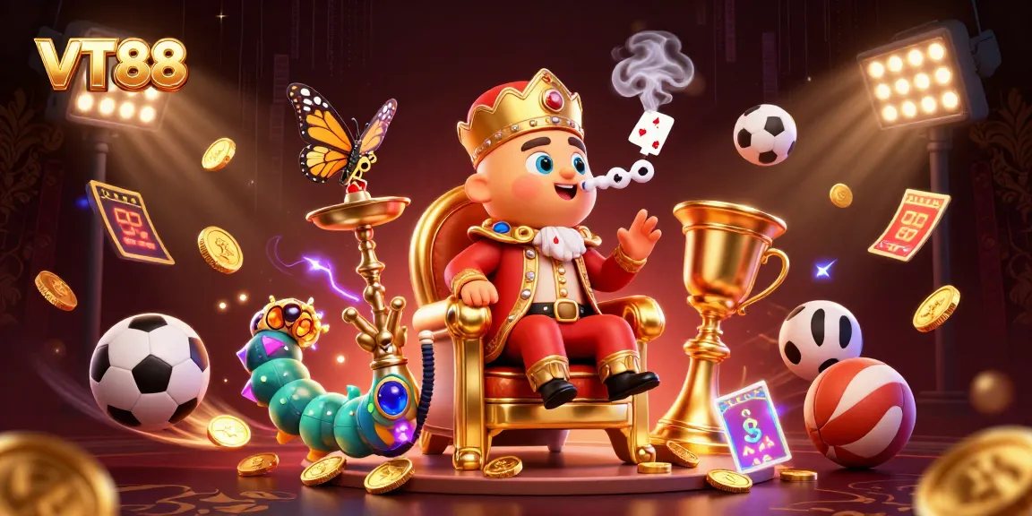 VT88 engages players with dynamic poker hand smoke rings and colorful sports gambling elements.