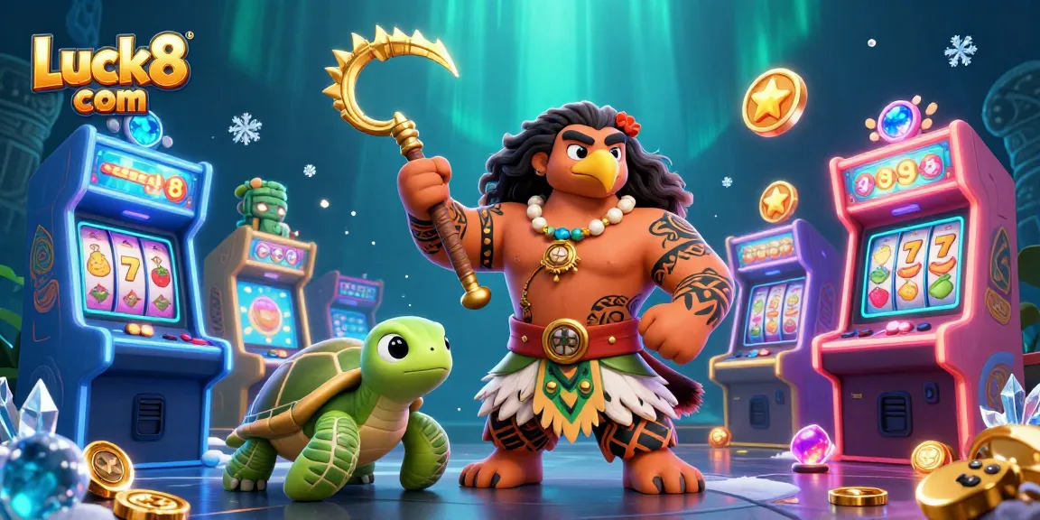 Experience thrilling wins at Luck8 com with vibrant 3D casino characters amidst slot machines and neon gaming elements.