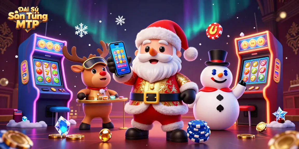 Engage with Đại Sứ Sơn Tùng MTP at the glamorous casino, showcasing vibrant gaming scenes and festive characters.