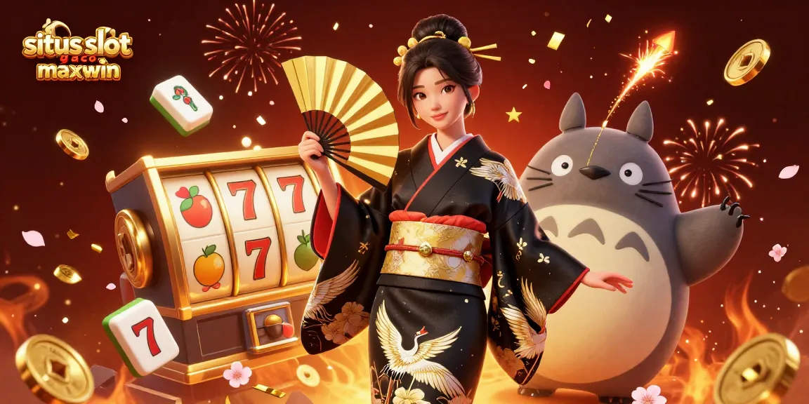 Engage with the exciting situs slot gacor maxwin, featuring traditional symbols and joyous characters in a colorful casino scene.