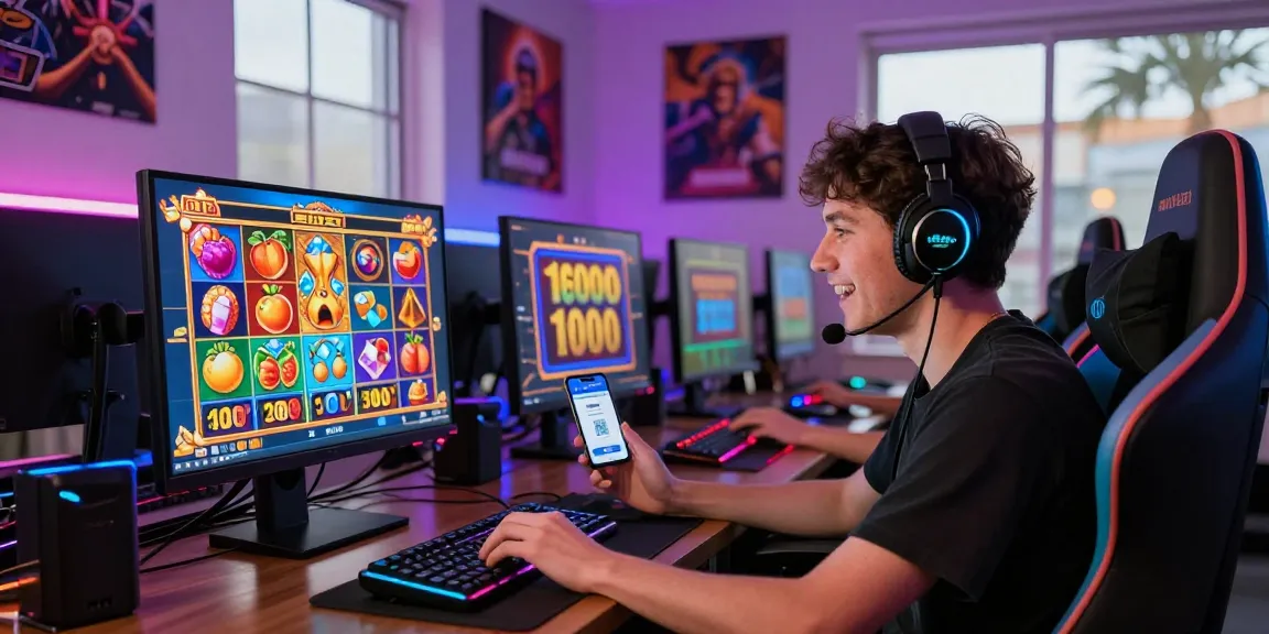 Engaging player enjoying exciting slot games on a computer with vibrant graphics, showcasing slot depo 1000.