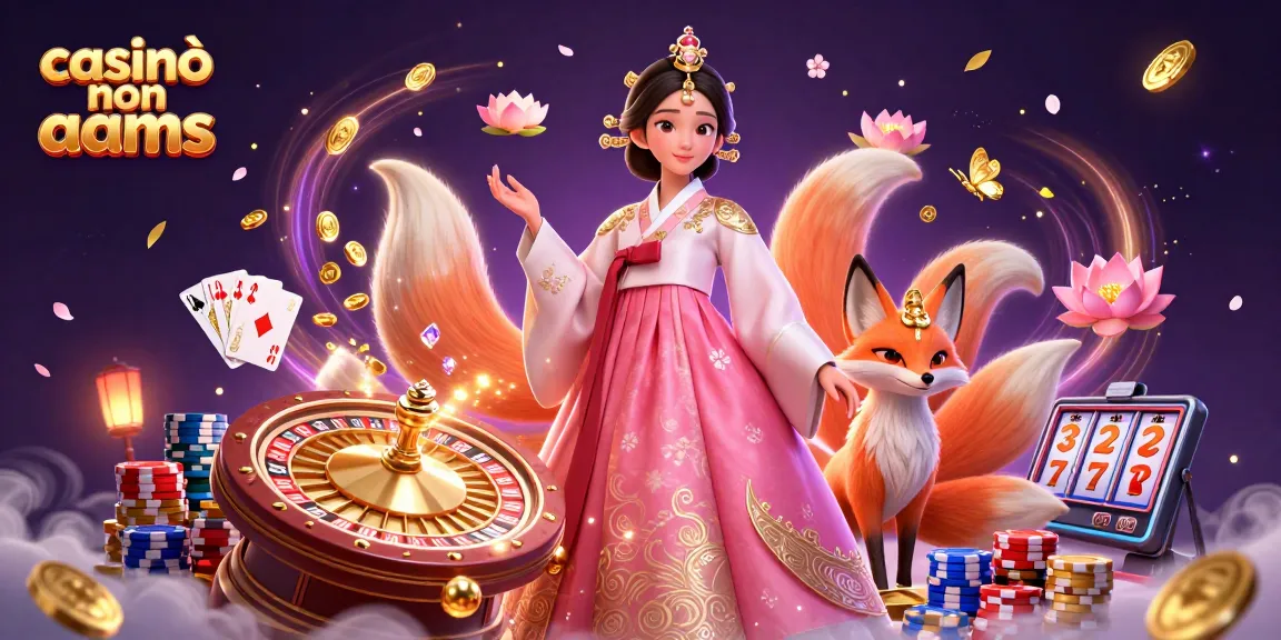 Scopri il fascino dei casinò non AAMS con una donna asiatica elegante, una volpe fortunata e elementi di casinò scintillanti.