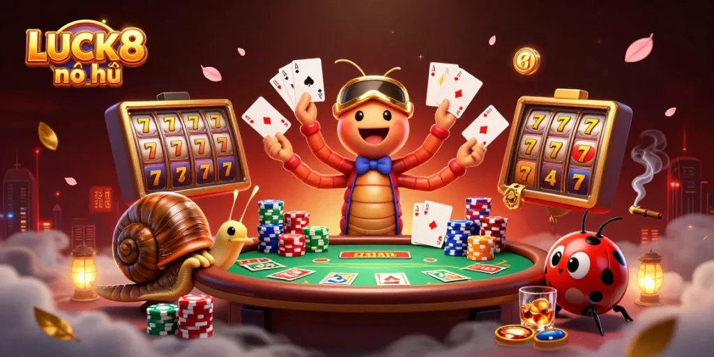 Capture jackpots with LUCK8 nổ hũ in this vibrant 3D illustration, featuring dynamic casino elements.