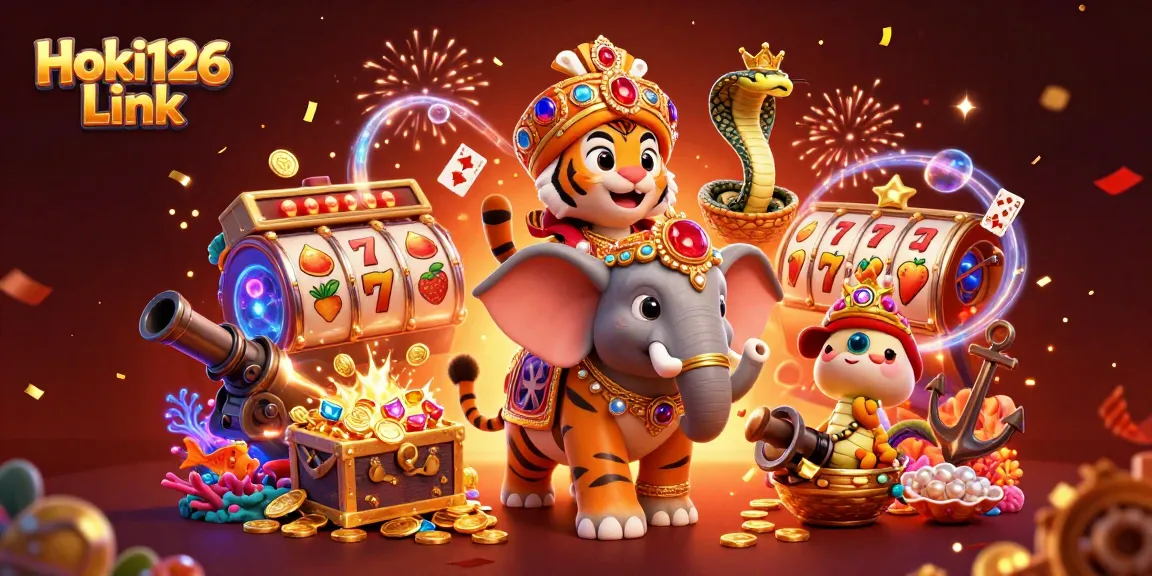Playing games at Hoki126 Link with a colorful 3D illustration featuring a royal tiger and casino elements.