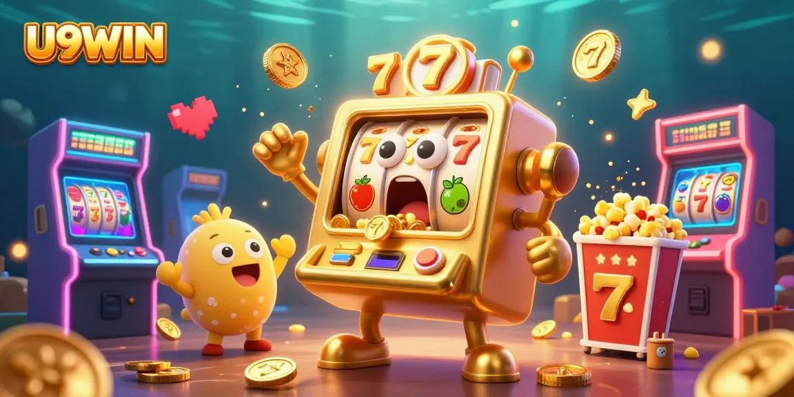 U9WIN slot machine celebrates a jackpot, surrounded by cheering characters and arcade elements.